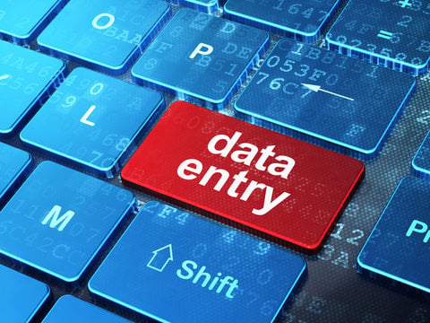 Person earning money online through data entry work on laptop
